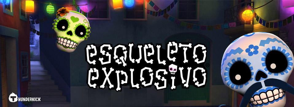 Esqueleto Explosivo Slot Logo von Thunderkick vor einer dunklen mexikanischen Nachbarschaft
